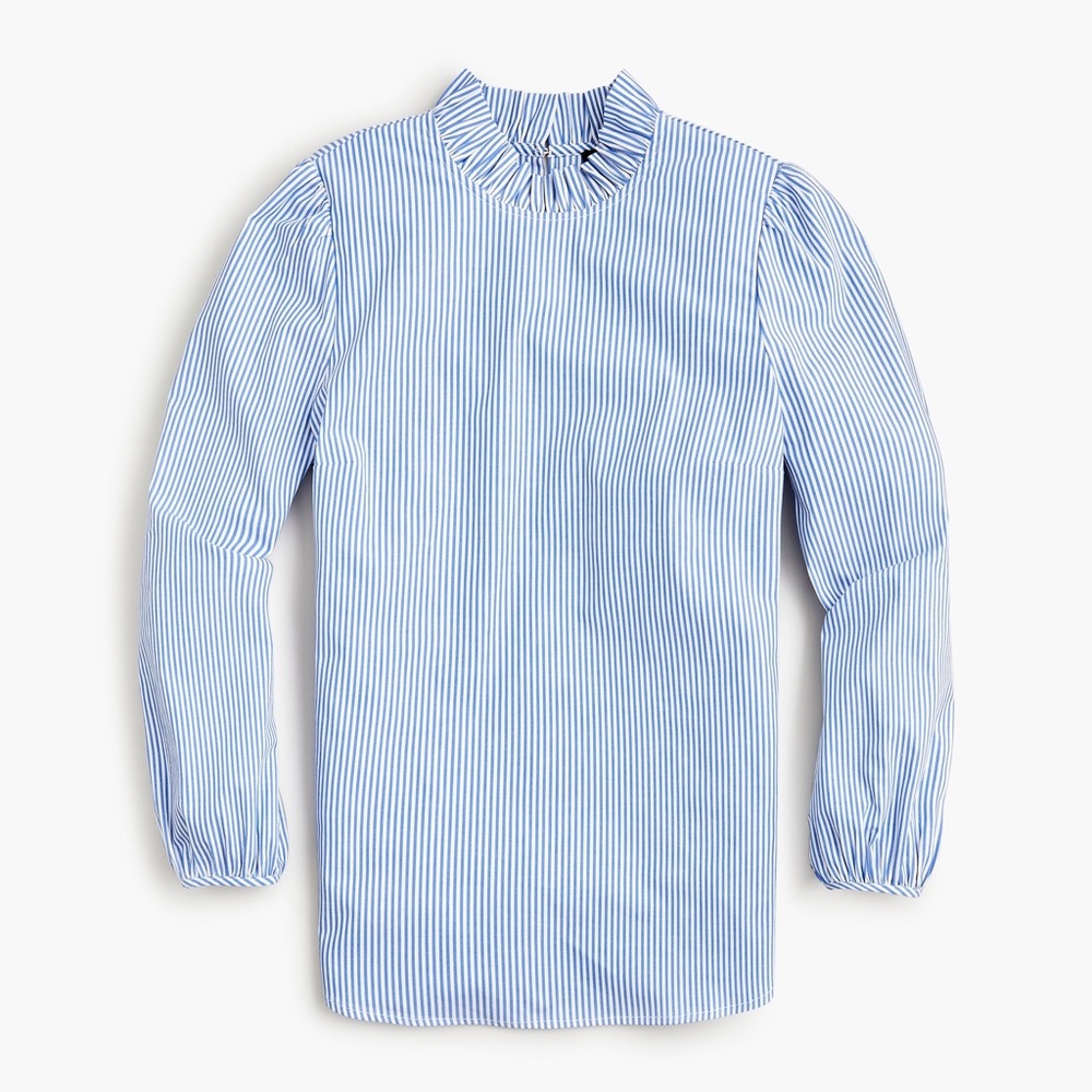 J Crew Long-sleeve ruffleneck top in stripe‎ high neck puff sleeves